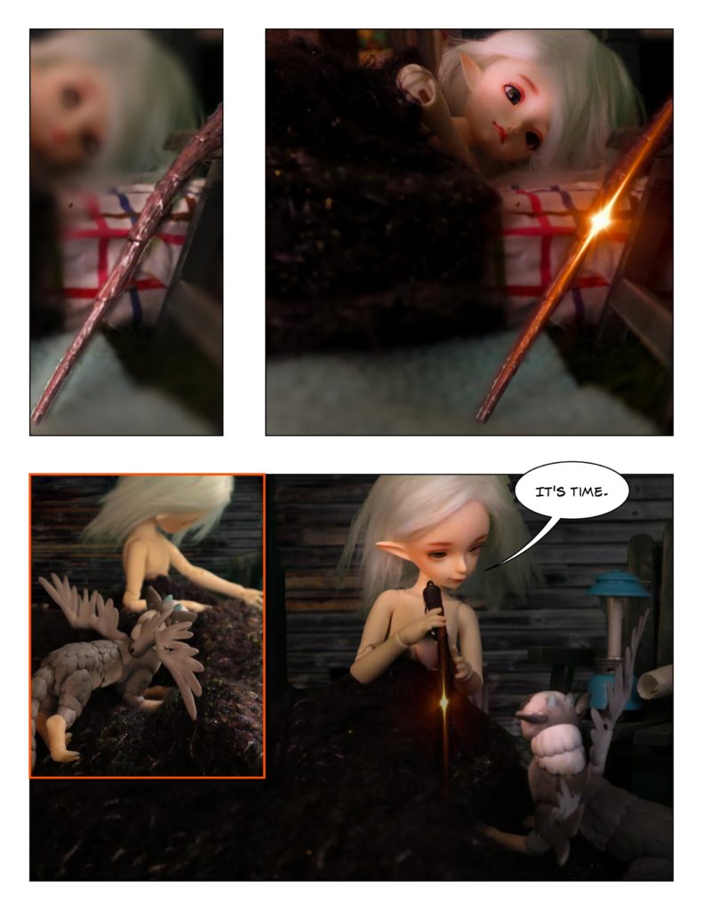 Panel 1: Kestrel's wand glows, signaling the start of his journey. Characters Dollzone Little Rain and DLuonto Trico